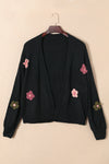 Black Floral Applique Drop Shoulder Bubble Sleeve Cardigan-Tops-MomFashion