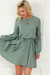 Jungle Green Button Neck Puff Sleeve Belted Pleated Mini Dress-Dresses-MomFashion