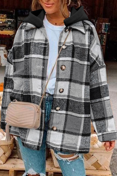 Gray Hooded Plaid Button Front Shacket-Outerwear-MomFashion