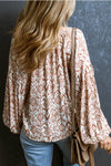 Apricot Western Print Balloon Sleeve Tassel Blouse-Tops-MomFashion