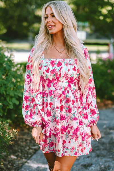 Pink Ruffle Tiered High Waist Puff Sleeve Floral Dress-Dresses-MomFashion