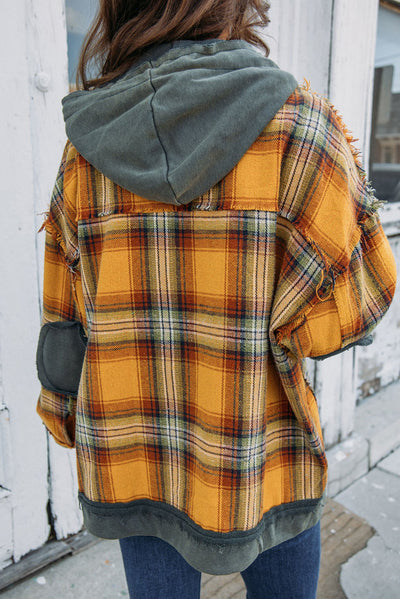 Orange Plaid Patch Hooded Frayed Snap Button Jacket-Outerwear-MomFashion