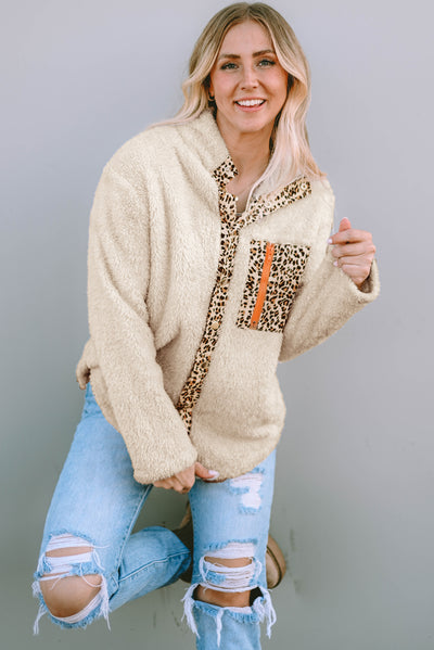 Apricot Leopard Patched Zipped Pocket Fleece Jacket-Outerwear-MomFashion