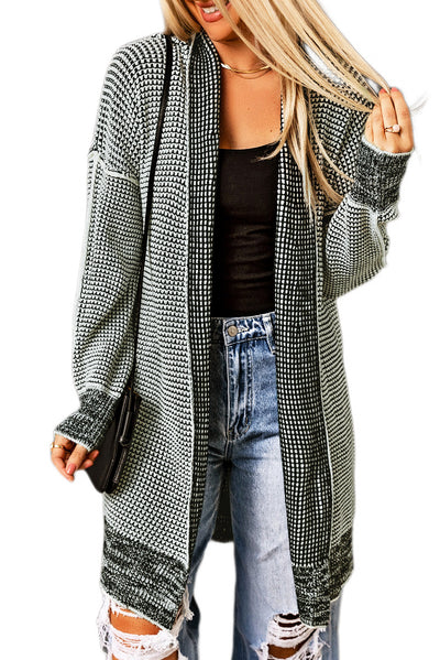 Gray Plaid Knitted Long Open Front Cardigan-Tops-MomFashion