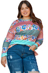Pink Stripe Plus Size Colorblock Pullover Top-Plus Size-MomFashion