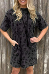 Gray Vintage Washed Leopard T-Shirt Dress with Pockets-Dresses-MomFashion