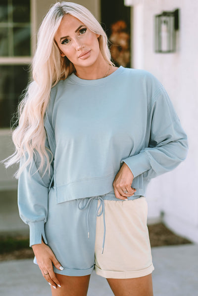 Sky Blue Split Hem Sweatshirt Color Block Shorts Set-Loungewear-MomFashion