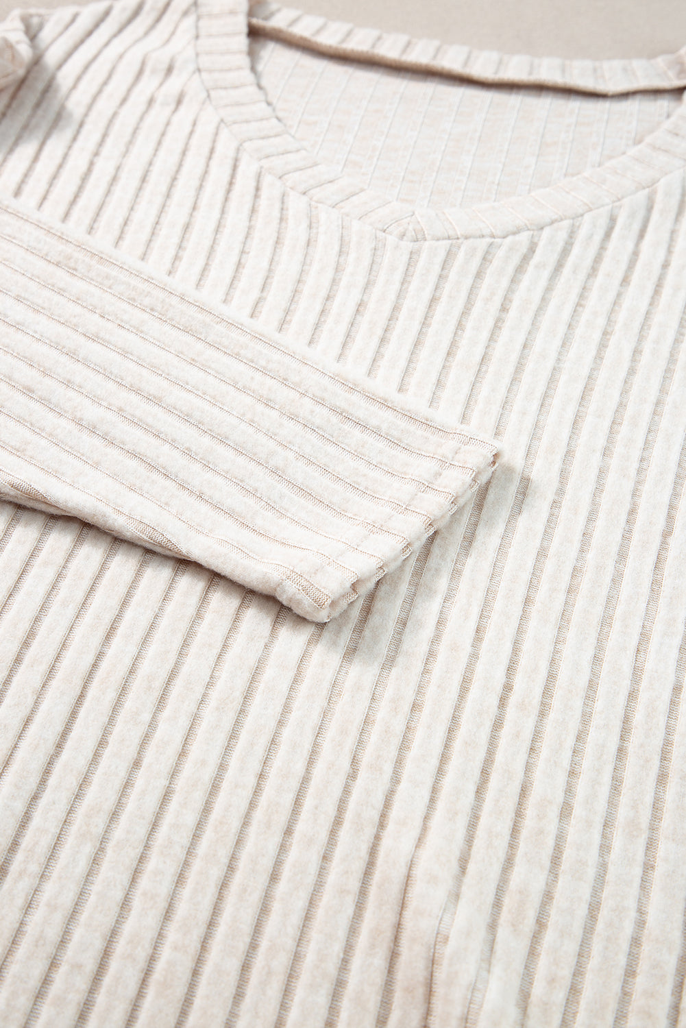 Khaki Ribbed Knit V Neck Slouchy Two-piece Outfit-Loungewear-MomFashion