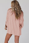 Pink Ribbed Roll-tab Sleeve Chest Pocket Oversize Top-Tops-MomFashion