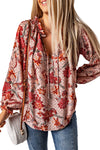 Pink Split V Neck Printed Blouse-Tops-MomFashion