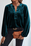 Skobeloff Lantern Sleeve Beaded Split V Neck Velvet Top-Tops-MomFashion