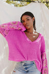 Rose Floral Crochet Cable Knit V Neck Sweater-Tops-MomFashion