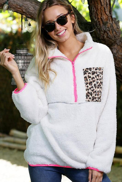 White Leopard Patch Pocket Half Zipped Fleece Sweatshirt-Tops-MomFashion