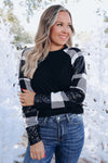 Black Sequin Plaid Patchwork Raglan Sleeve Top-Tops-MomFashion