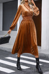 Camel Wrap V Neck Smocked High Waist Velvet Midi Dress-Dresses-MomFashion