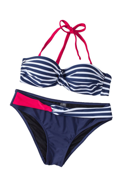 Blue Halter Bandeau Striped Bikini-Swimwear-MomFashion