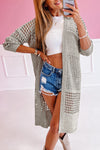 khaki Hollowed Mix Pattern Knitted Long Sweater Cardigan-Tops-MomFashion