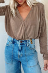 khaki Wrap V Neck Pleated Long Sleeve Bodysuit-Tops-MomFashion